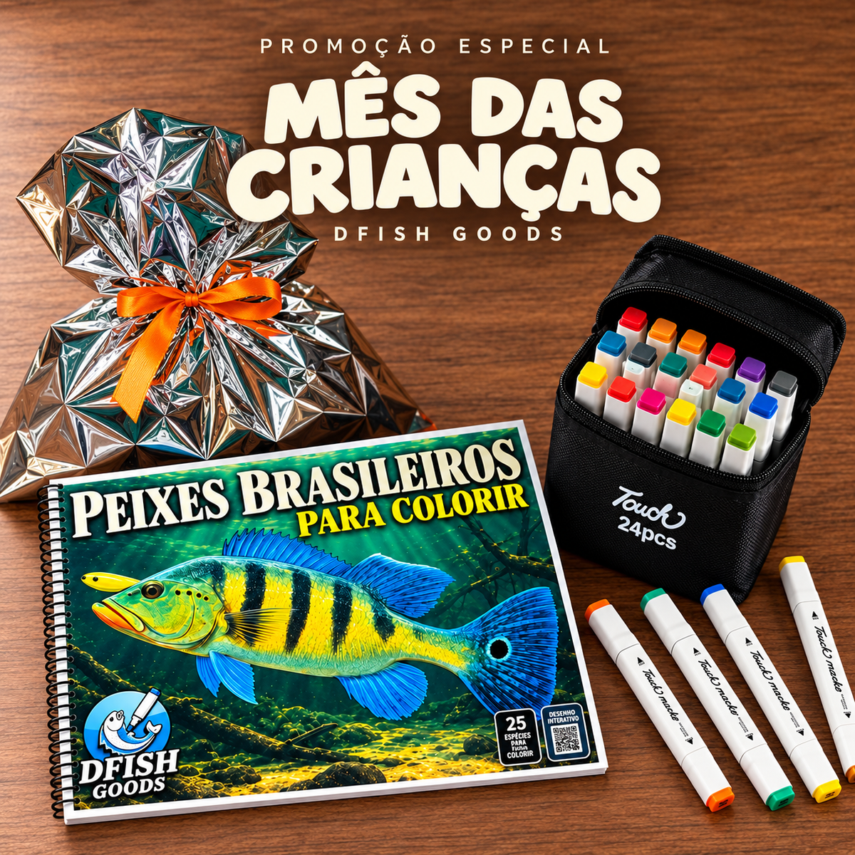 Kit Dia das Crianças | Peixes Brasileiros Interativos + 24 Canetinhas