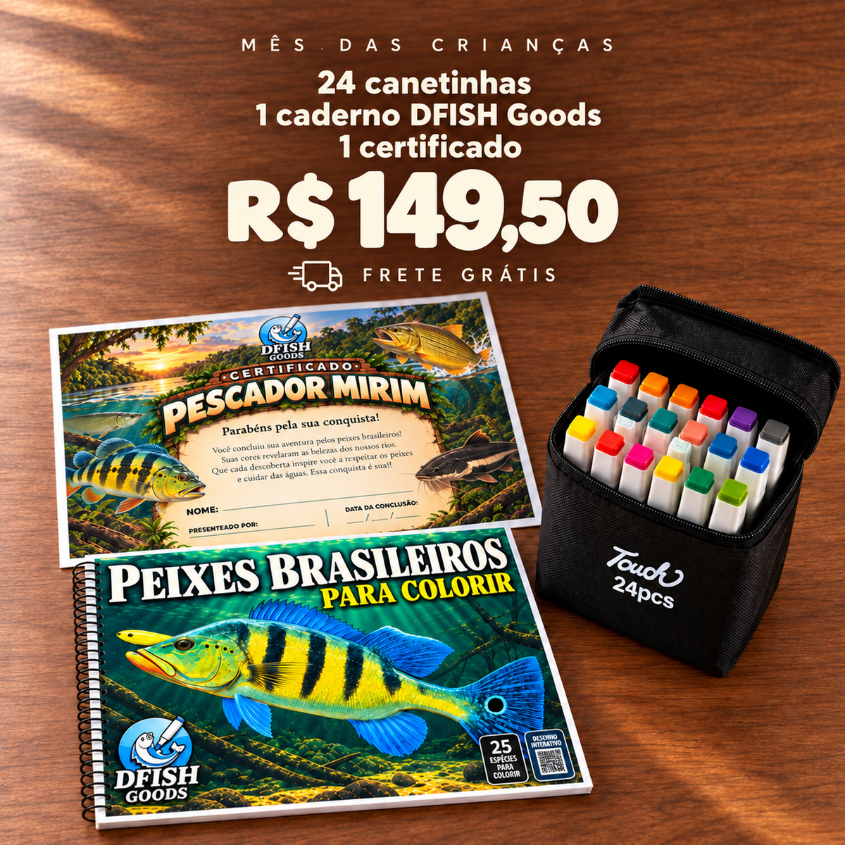 Kit Dia das Crianças | Peixes Brasileiros Interativos + 24 Canetinhas